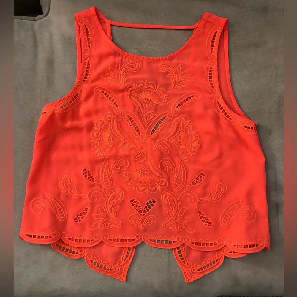 Lush neon orange sheer over top sleeveless embroidered top size small